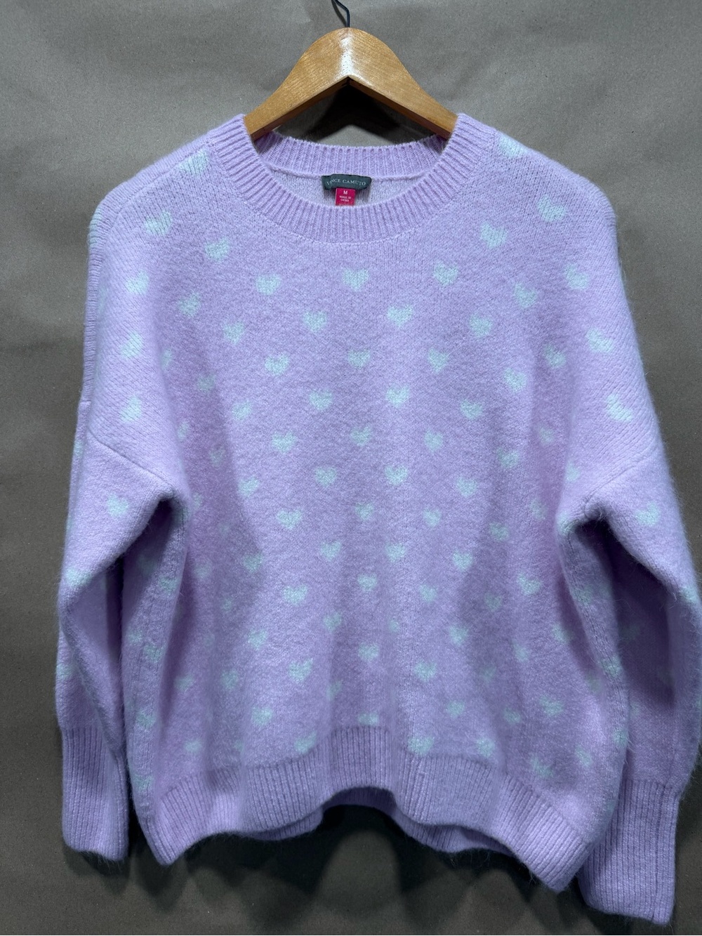 Vince Camuto Lavender Crewneck Sweater with Mint Heart Motif